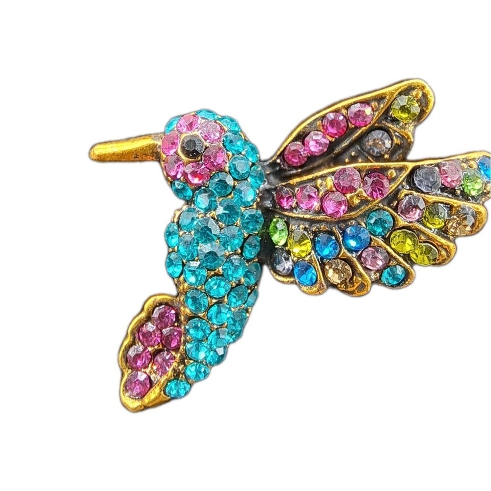 Flying Hummingbird Rhinestone Brooch Jewelry Lapel Pin Colorful Teal Blazer